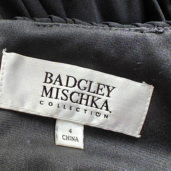 Badgley Mischka Evening Gown Dress Sz 4 Black Stretch Ruched Drape Train Wedding - Picture 9 of 11